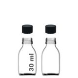 30 ml Sızdırmaz Kapaklı Şeffaf Shot Şişesi 30 Cc Ginger Şat Beyaz Cam Şişe 2 Adet (Kilitsiz Plastik Siyah Kapak)