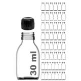 30 ml Sızdırmaz Kapaklı Şeffaf Shot Şişesi 30 Cc Ginger Şat Beyaz Cam Şişe 50 Adet (Kilitli Plastik Siyah Kapak)