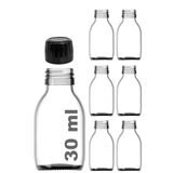 30 ml Sızdırmaz Kapaklı Şeffaf Shot Şişesi 30 Cc Ginger Şat Beyaz Cam Şişe 6 Adet (Kilitli Plastik Siyah Kapak)