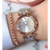 30 mm Kesme Camlı, Taşlı, 3 Atm Su Geçirmez Rose/metalik Kadın Kol Saati, Taşlı Bileklik Hediyeli - Rose Gold - Gümüş