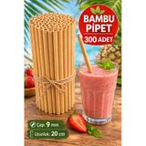 300 Adet Bambu Pipet 9mm x 20cm Kalın Smoothie Pipeti Doğal Çevre Dostu