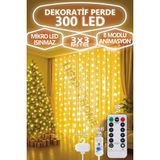 300 Ledli 10 Saçaklı Sarı LED Kumandalı 8 Modlu Perde LED Peri Mutfak Işık Dekoratif Lamba - Gün Işığı