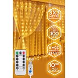 300 Ledli 10 Saçaklı Sarı Led Kumandalı 8 Modlu Perde Led Peri Mutfak Işık Dekoratif Lamba