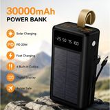 **30000MAH Güneş Enerjili Powerbankk 20W Pd Hızlı Şarj 4 Dahili Kablo Dijital Ekran Solar Panel Usb-C Micro USB Usb-A Lightning Taşınabilir Şarj Cihazı Kamp Seyahat - Siyah
