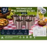 304 Paslanmaz Çelik Su Bardağı 5’li Set 300 ml Kırılmaz Metal Bardak Kamp Piknik Ev Kullanımı - 5 Adet - Gümüş