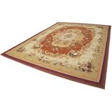 308x426 cm Aubusson Çiçekli Kırmızı Çiçekli Yün El Dokuma Modern Geometrik Etnik Eskitme Desenli Boho Oturma Odası Salon Yolluk Koridor Mutfak Halısı