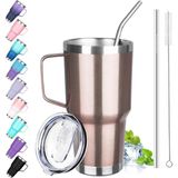 30OZ Saplı Bardak, Paslanmaz Çelik Yalıtımlı Kapaklı ve Pipetli Bardak, Çift Duvarlı Vakum Yalıtımlı Kahve Kupası Bardak, Soğuk ve Sıcak Için Yalıtıml - Çok Renkli
