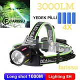 30W Ultra Güçlü Led Kafa Lambası (4 Adet Pilli - Yedek Bataryalı Set) - 3000 Lümen 1000M Menzil