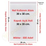 30x30+5 cm.(30x35) 500 Adet Şeffaf Bantlı Yapışkanlı Jelatin Poşet