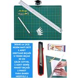 30X45 cm (A3) Kesim Matı Seti 1 Adet Kretuar Bıçağı 5 Yedek Bıçak 30 cm Cetvel 1 Adet Maket Bıçağı - Çok Renkli