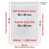 30X45+5 Cm. (30X50) 1.000 Adet Şeffaf Bantlı Yapışkanlı Jelatin Poşet