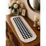 30X80 Sık Keten Fırfırlı Damalı Runner , Konsol Örtüsü - Siyah - 30 x 80 cm