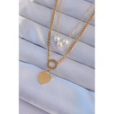 316L Çelik Gold Renk Çift Zincir İnci Detayı Love Kolye