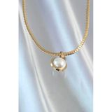 316L Çelik Gold Renk Yassı Zincir İnci Taşlı Kolye - Ebj240807w25480