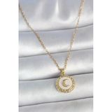 316L Çelik Gold Renk Zincir Beyaz Mineli Hilal İşlemeli Madalyon Model Kadın Kolye 5886