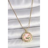 316L Çelik Gold Renk Zincir Pembe Çiçek İşlemeli İnci Detay Portre Model Kadın Kolye Vice1395 4655