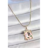 316L Çelik Gold Renk Zincir Pembe Mineli Çiçek İşlemli İnci Detay Portre Model Kadın Kolye Vice1395 4708
