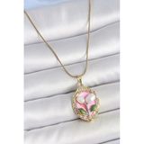 316L Çelik Gold Renk Zincir Pembe Mineli İncili Çiçek İşlemeli Portre Model Kadın Kolye Vice1395 4686