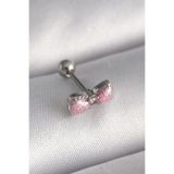 316L Çelik Gümüş Renk Pembe Kurdele Zirkon Taş Detay Tragus Piercing - Lisinya