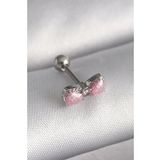 316L Çelik Gümüş Renk Pembe Kurdele Zirkon Taş Detay Tragus Piercing - Tj-Pr1295
