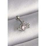 316L Çelik Gümüş Renk Pembe Mineli Kalp Zirkon Taş Detay Tragus Piercing 5886