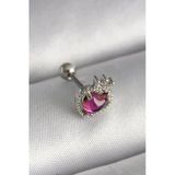 316L Çelik Gümüş Renk Pembe Mineli Kalp Zirkon Taş Detaylı Taç Tragus Piercing -1492