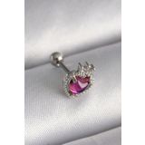 316L Çelik Gümüş Renk Pembe Mineli Kalp Zirkon Taş Detaylı Taç Tragus Piercing - Tj-Pr1263