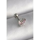 316L Çelik Gümüş Renk Pembe Zirkon Taşlı Kelebek Tragus Piercing -1492