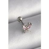 316L Çelik Gümüş Renk Pembe Zirkon Taşlı Kelebek Tragus Piercing - Tj-Pr1241