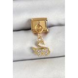 316L Çelik Sallantılı Zirkon Taşlı Kuğumodel Gold Renk Nomination Charm