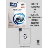3176 Lazer Etiket A4 6'li Hazır Etiket Her Yazıcı Uyumlu 100 Sayfa 600 Etiket Yerli Üretim Tek Ebat 80 gr Beyaz Fotokopi Kağıdı A4