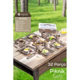 32 Parça 6 Kişilik Taşınabilir Piknik Seti - Saklama Kutulu Bej Bej