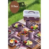 32 Parça Mürdüm Piknik Seti Premium Kalite Piknik Mangal Seti Tabak, Bıçak, Çatal, Kaşık, Bardak Set Mor