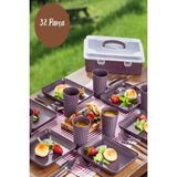 32 Parça Mürdüm Piknik Seti Premium Kalite Piknik Mangal Seti Tabak, Bıçak, Çatal, Kaşık, Bardak Set