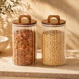 3200 ml Zahire Kavanozu 2'li Set, Ahşap Kapaklı Kulplu Cam Erzak Saklama Kabı, Büyük Boy Bakliyat Makarna Kahve Kuruyemiş Saklama Kavanozu, Ribbed Cam - Çok Renkli - Standart