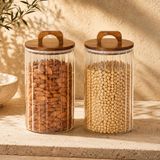 3200 ML Zahire Kavanozu 2’li Set, Ahşap Kapaklı Kulplu Cam Erzak Saklama Kabı, Büyük Boy Bakliyat Makarna Kahve Kuruyemiş Saklama Kavanozu, Ribbed Cam Mutfak Düzenleyici Kavanoz Seti