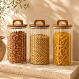 3200 ml Zahire Kavanozu 3'lü Set, Ahşap Kapaklı Kulplu Cam Erzak Saklama Kabı, Büyük Boy Bakliyat Makarna Kahve Kuruyemiş Saklama Kavanozu, Ribbed Cam - Çok Renkli - Standart