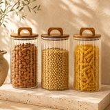 3200 ML Zahire Kavanozu 3’lü Set, Ahşap Kapaklı Kulplu Cam Erzak Saklama Kabı, Büyük Boy Bakliyat Makarna Kahve Kuruyemiş Saklama Kavanozu, Ribbed Cam Mutfak Düzenleyici Kavanoz Seti