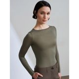 32122 Kayık Yaka Kaşmir Karışımlı Ultra Hafif Modal Bluz-Haki 36