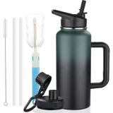 32oz Saplı Yalıtımlı Su Şişesi, Paslanmaz Çelik Spor Metal Su Şişesi, Hasır ve 2 Sızdırmaz Kapaklı Çift Duvarlı Vakumlu Geniş Ağızlı Su Şişesi, Seyahat, Kamp, Spor Salonu için (Koyu Yeşil Siyah)