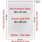32X37+5 (32X42) Cm. 250 Adet - Şeffaf Bantlı Yapışkanlı Jelatin Poşet