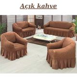 3+3+1+1 Bürümcük Koltuk Takımı Örtüsü. Etekli Streç Esnek Lastikli Çekyat Kanepe Kılıfı - 180 x 230 cm - Açık Kahverengi