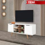 3318 Sina 130 Cm ( Ahşap Ayaklı , Metal Kulplu) Tv Ünitesi , Beyaz - Söğüt , Tv Sehpası , Salon