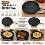 35 Cm Döküm Gözleme Tavası Çift Taraflı Bazlama Izgara Tavası Ahşap Saplı Yapışmaz