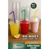 350 cc Kapaklı Pipetli Sert Plastik Bardak Pet Bardak Limonata Soğuk Içecek Milkshake Bardağı 50LI