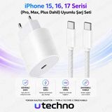 35W (Watt) Apple Uyumlu Hızlı Şarj Adaptörü + Kablo iPhone 15 iPhone 16 iPhone 17 Pro Max Plus Uyumlu Beyaz Hızlı Şarj Aleti Seti Type-C To Type-C Iphone Uyumlu Utechno