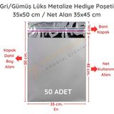 35x50 cm Gümüş Renk Bantlı Lüks Metalize Hediyelik Poşet (50 Adet)