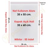 35X55+5 (35X60) Cm. Şeffaf Bantlı Jelatin - Yapışkanlı Poşet 50 Adet