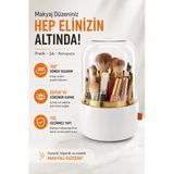 360° Döner Makyaj Fırçası Organizeri Şeffaf Kapaklı Toz Geçirmez Kozmetik Düzenleyici | Beyaz Yh-2001