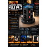 3680W Kablosuz Şarjlı Kule Priz 8 AC Priz 1 USB 2 Type-C Akım Korumalı Topraklamalı Çoklu Priz Ev Ofis Bilgisayar Gaming Şarj İstasyonu PS-8